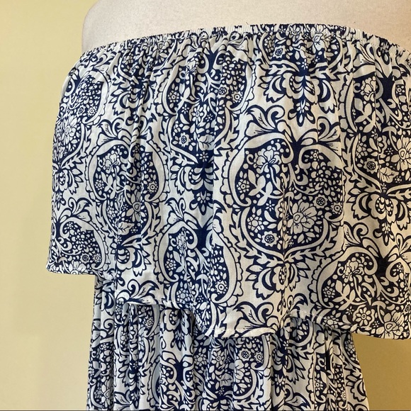 Strapless Blue Floral Ruffle Overlay Maxi Dress - Picture 4 of 4